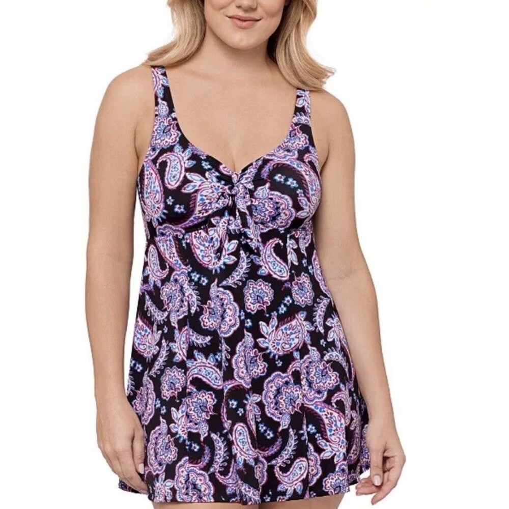 Swim Solutions Women's Paisley-Print Tummy-Control Swim Dress Size 10 NWT $96